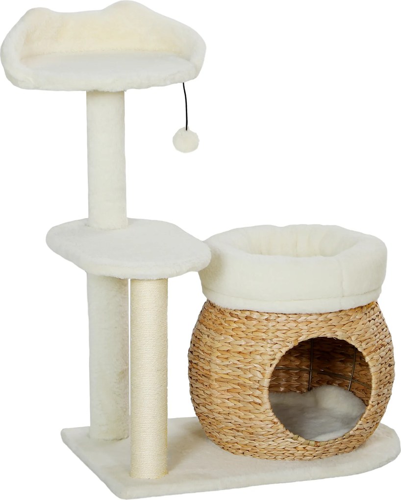 PawHut Arranhador com casinha para gatos, bola de brincar e plataforma, caniço/sisal, até 10 kg, 60 x 40 x 79 cm, creme | Aosom Portugal