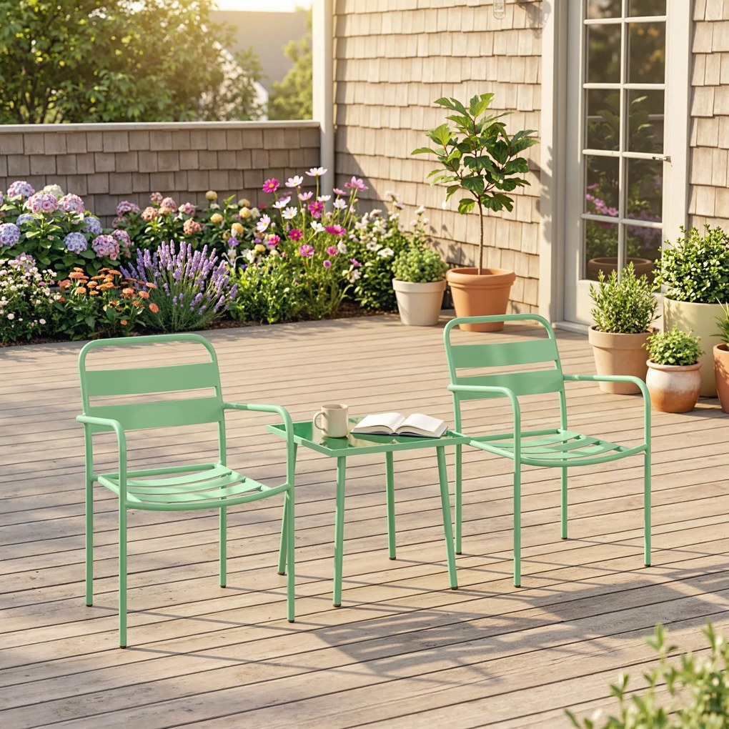Conjunto de jardim estilo bistrô de 3 peças - mesa baixa em vidro temperado e 2 cadeiras com ripas, estrutura em aço galvanizado, verde