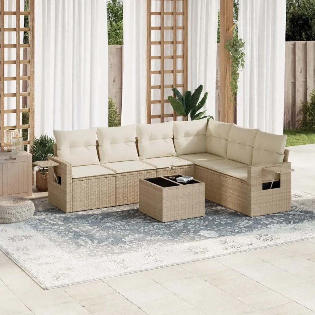 7 pcs conjunto de sofás p/ jardim com almofadões vime PE bege