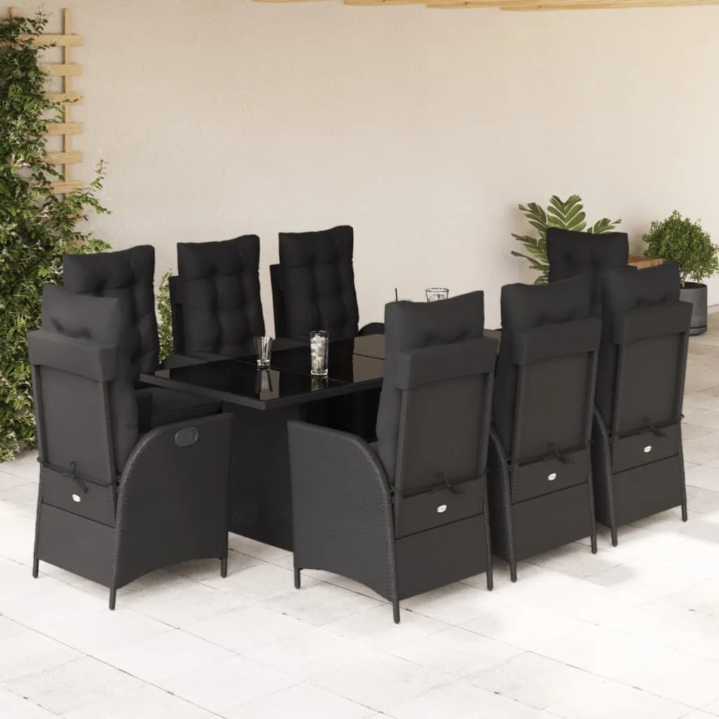 9 pcs conjunto de jantar p/ jardim c/ almofadões vime PE preto