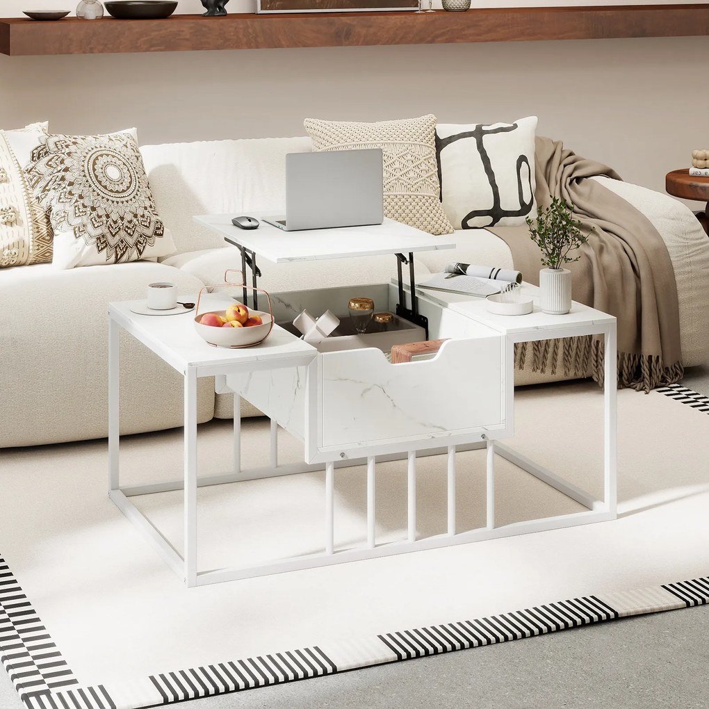 Mesa de Centro, 100 x 60 x 45 cm, Elevável com Arrumação Oculta, Branco