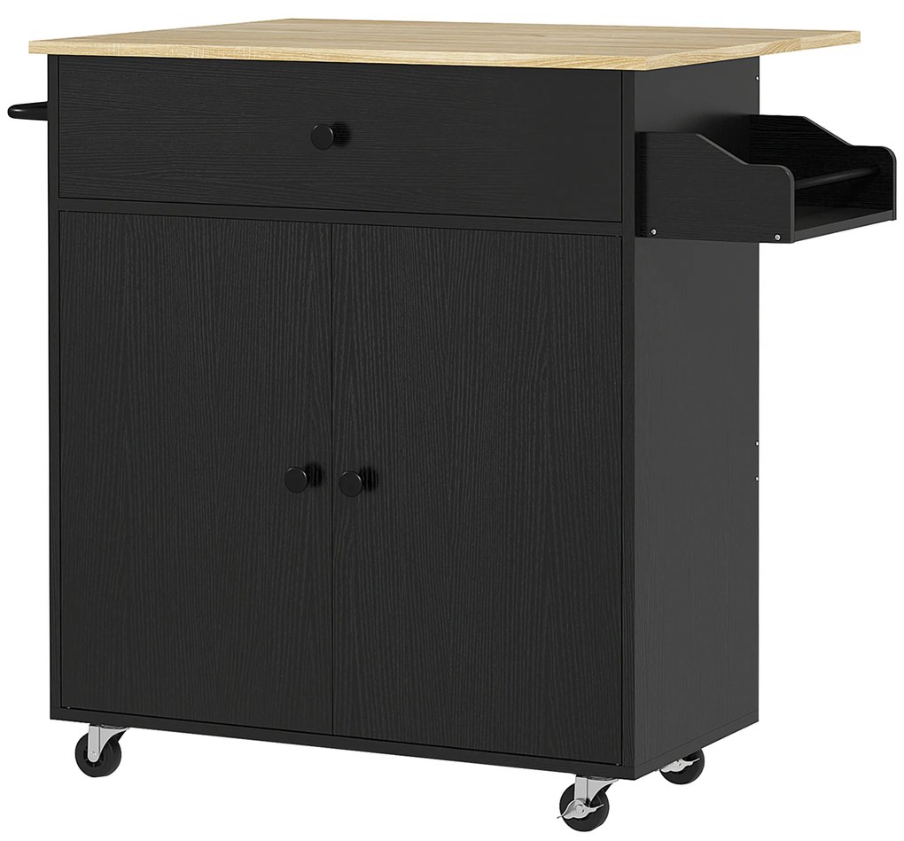HOMCOM Ilha de Cozinha com Rodas com Lateral Dobrável Gaveta Suporte para Temperos e Prateleira Ajustável 106x42x87 cm Preto e Carvalho | Aosom Portugal