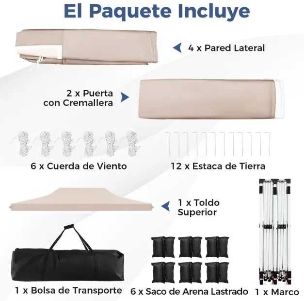 Tenda jardim, festas, eventos de 600 x 300 cm com 6 paredes laterais removíveis, com 6 pesos com bolsa de transporte Bege