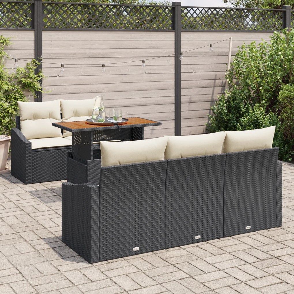 Conjunto de Sofá de Jardim de 6 Peças com Almofadas Preto em Rattan
