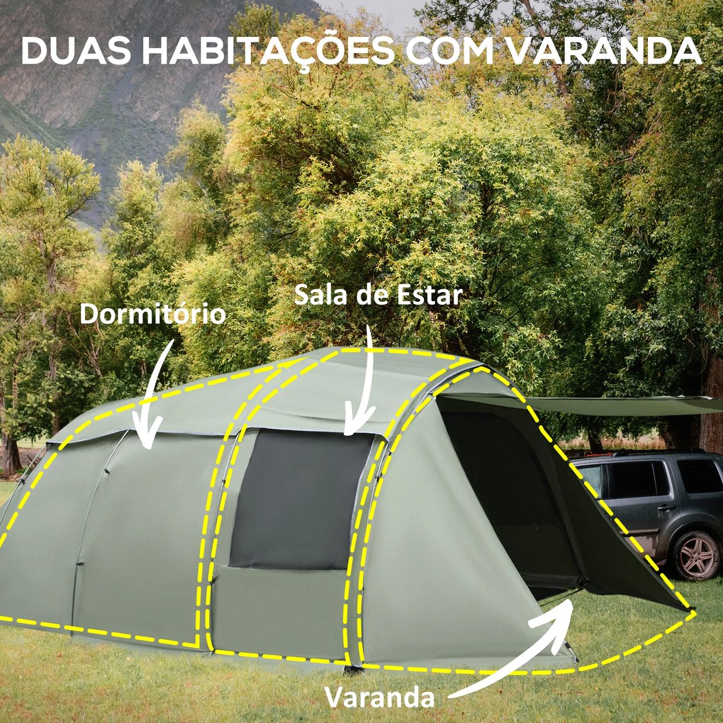 Tenda de Campismo para 4-6 Pessoas Impermeável PU2000 com Proteção UV30+ e Bolsa de Transporte 610x385x220 cm Verde