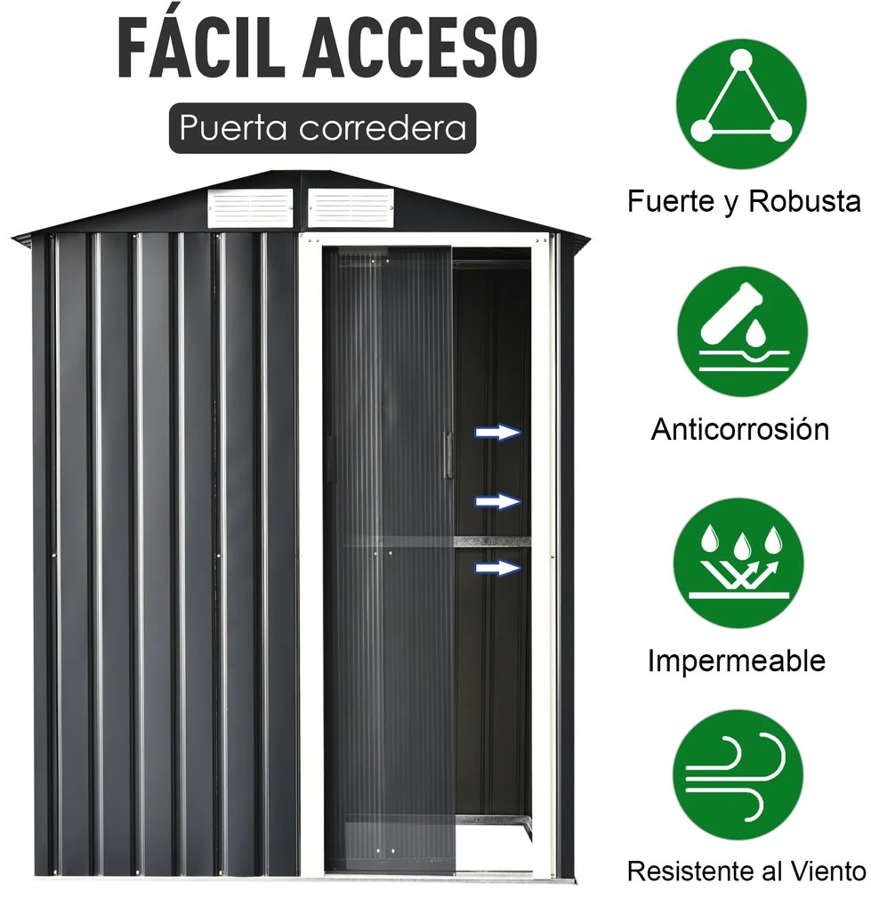 Outsunny Abrigo de Jardim 150x130x186 cm Abrigo de Exterior de Aço Galvanizado com Porta Corredeira e Ventilações para Armazenamento de Ferramentas Cinza