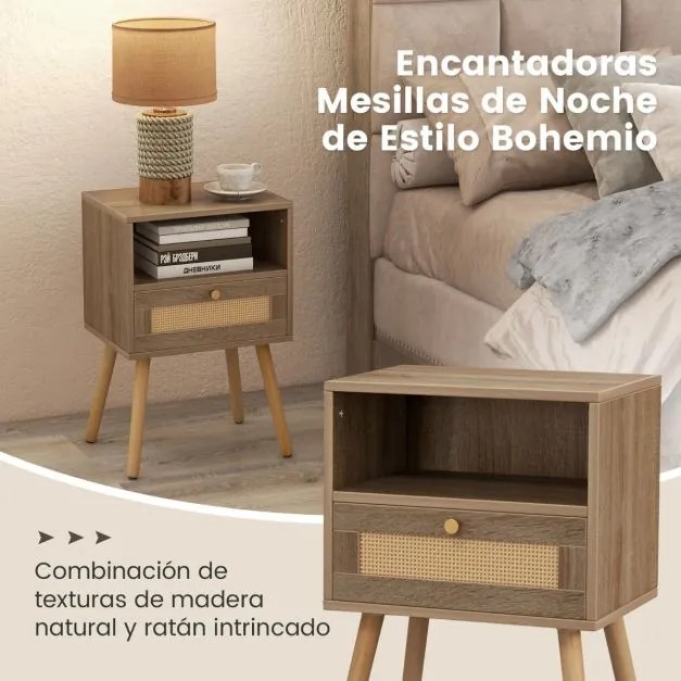 Mesa de cabeceira de rattan com gaveta multifuncional para sala de estar ou quarto 40 x 30 x 60,5 cm Natural e Castanha