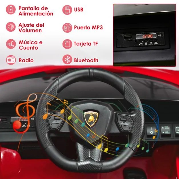 Carro elétrico para crianças bateria de 12 V Lamborghini com controlo remoto Luzes LED Música MP3 Buzina 108 x 64 x 41 cm Vermelho