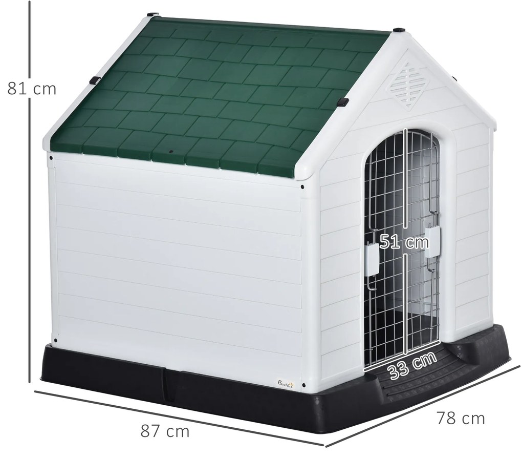 PawHut Casota de Cães Medianos com Porta Metálica Fechadura Teto Inclinado e Base Elevada para Interior e Exterior 78x87x81cm Branco e Verde