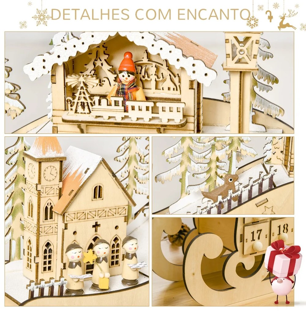 Calendário de Advento de Natal com Luzes LED e 24 Gavetas Decoração de Natal Modelo de Trenó 45x10x31cm Madeira Natural