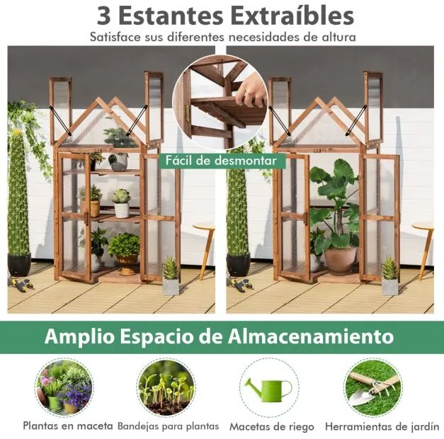 Mini Estufa 3 Níveis 71 x 41 x 133 cm Jardim de Madeira Abeto Teto Tampa rebatível Castanho