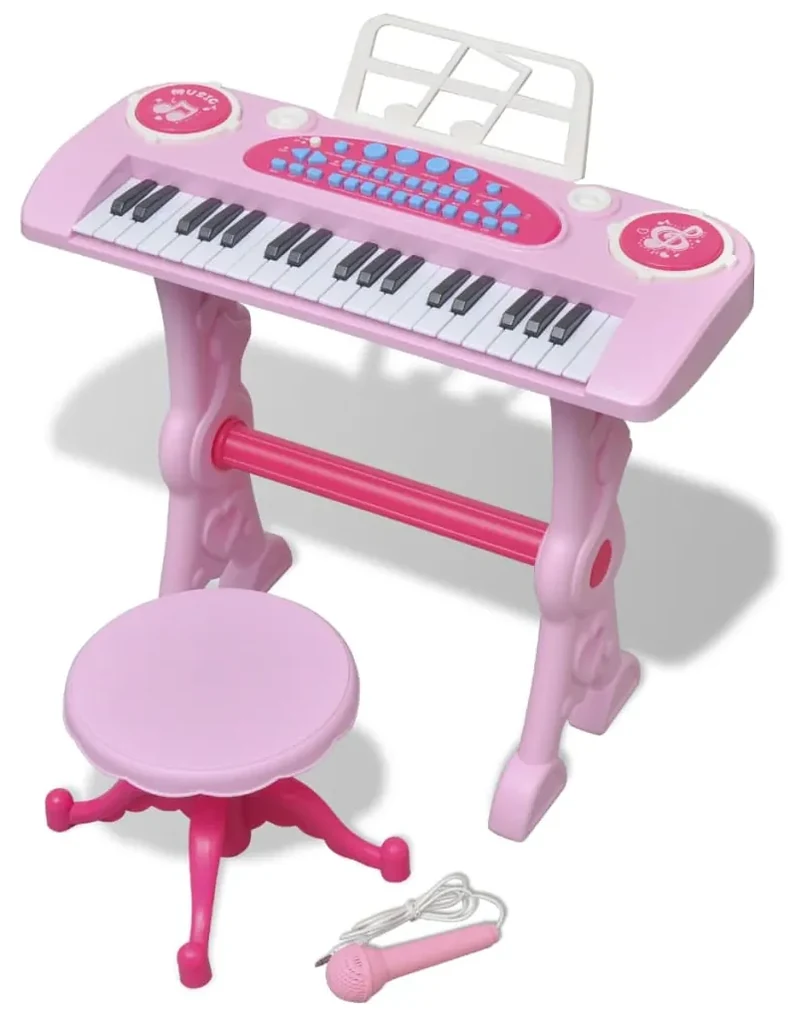 Piano Infantil Musical Microfone E Banquinho Função Gravação Cor Rosa Pilha