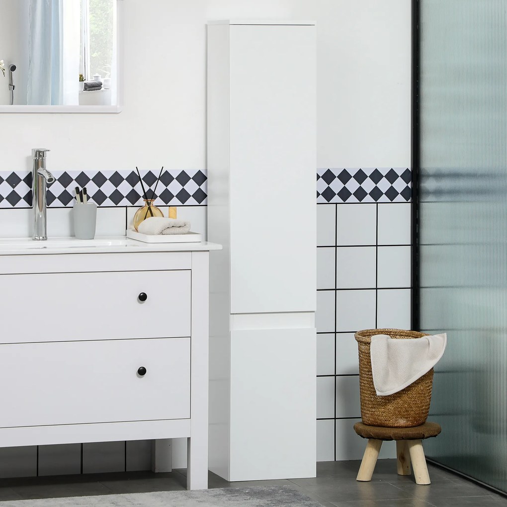 Armário de coluna para casa de banho 30 x 28 x 152,5 cm com 2 portas e 3 prateleiras ajustáveis, estilo contemporâneo, branco