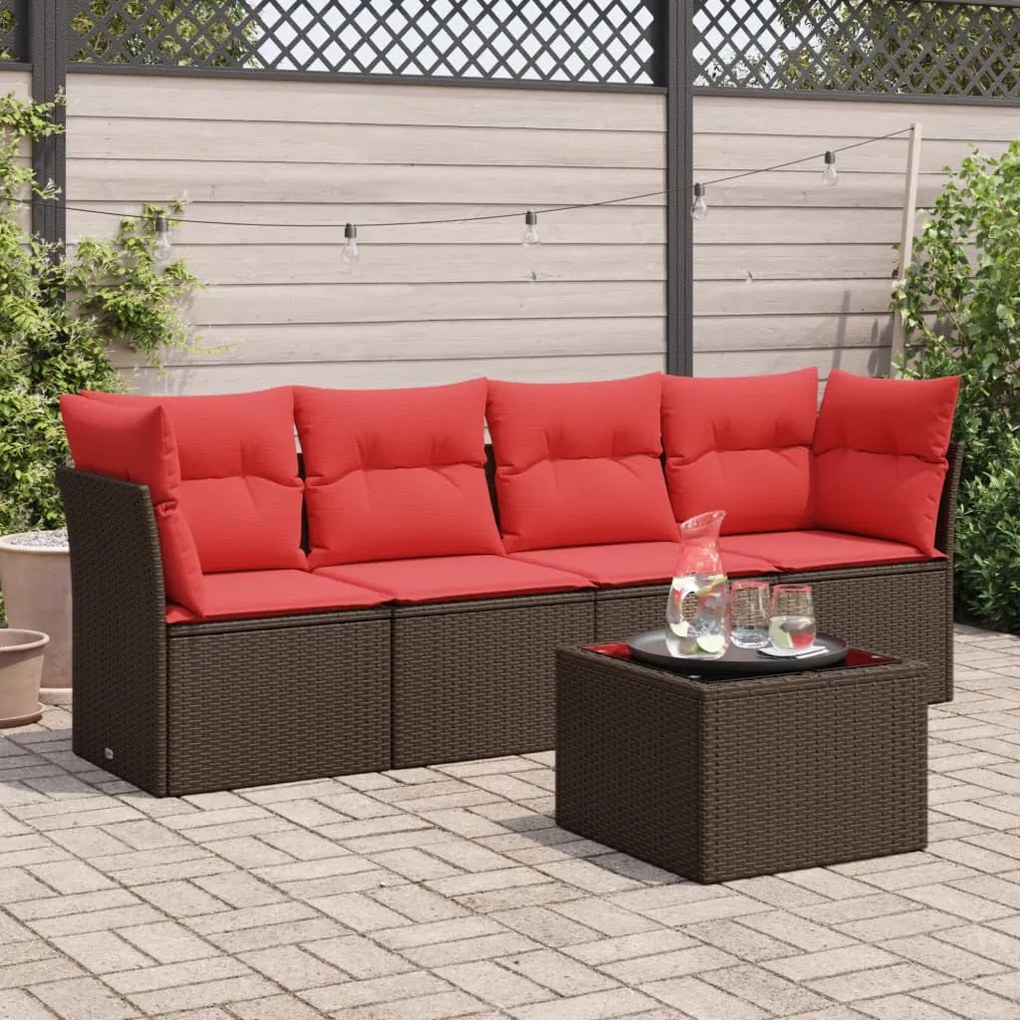 vidaXL 5 pcs conjunto sofás p/ jardim c/ almofadões vime PE castanho