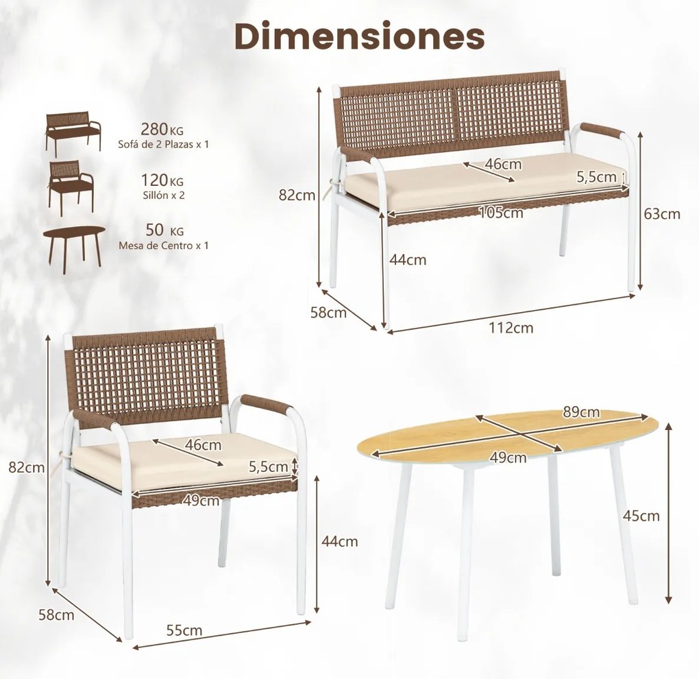 Conjunto de jardim de 4 peças: sofá de 2 lugares em rattan PE com 2 poltronas, almofadas e mesa em vidro temperado para varanda ou jardim, Castanho e