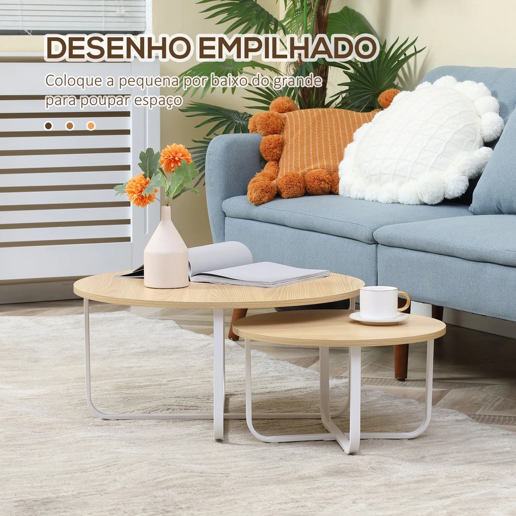 Conjunto de 2 Mesas de Centro Ø65x32cm e Ø45x26cm Mesas de Sala de Estar Redondas com Bancada de Madeira e Pés de Metal para Dormitório Madeira e Bran