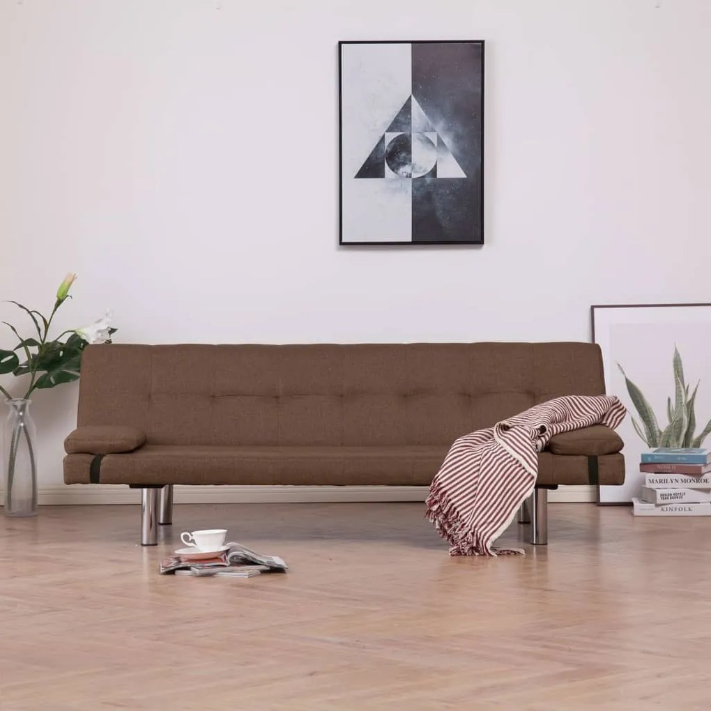 282186 vidaXL Sofá-cama com duas almofadas poliéster castanho