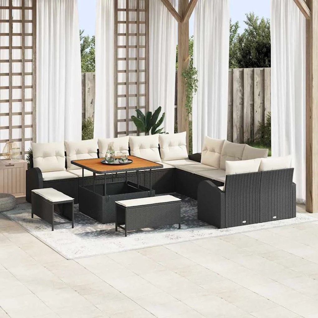 vidaXL Conjunto de Sofá de Jardim com 13 Peças, Almofadas em Rattan Preto e Acácia
