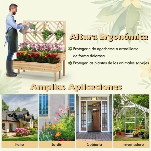 Floreira jardim com treliça de 2 níveis Caixa de cultivo com pernas para jardim 109 x 62 x 135 cm Natural