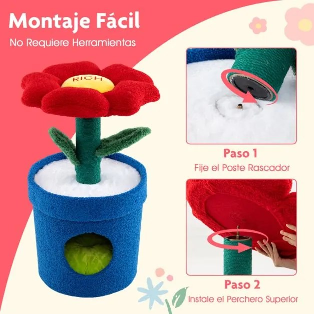 Arranhador Gatos 43 x 43 x 72,5 cm de 3 níveis com mirante superior e ama privado Poste para arranhar Centro de atividades para gatinhos Vermelho