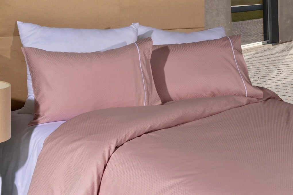 Jogo saco de edredão cetim 300 fios Rosa seco - Quadradinhos em jacquard: Para cama 180cm - 1 saco edredão 260 x 240 cm +  2 fronhas almofada 50x70 cm