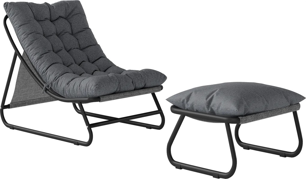 Outsunny Poltrona Lounge para Exterior/Varanda com Pufe, Almofada de 13 cm, Pés Antiderrapantes, Cinza Escuro | Aosom Portugal