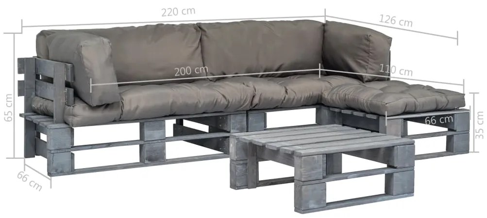 Conj. lounge de paletes 4 pcs com almofadões cinzentos madeira
