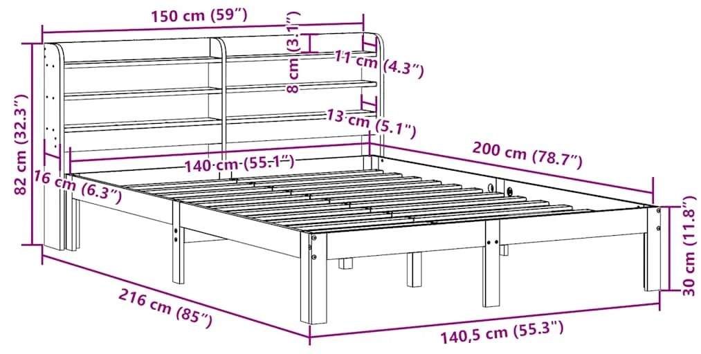 Cama sem colchão 140x200 cm madeira pinho maciça castanho-mel