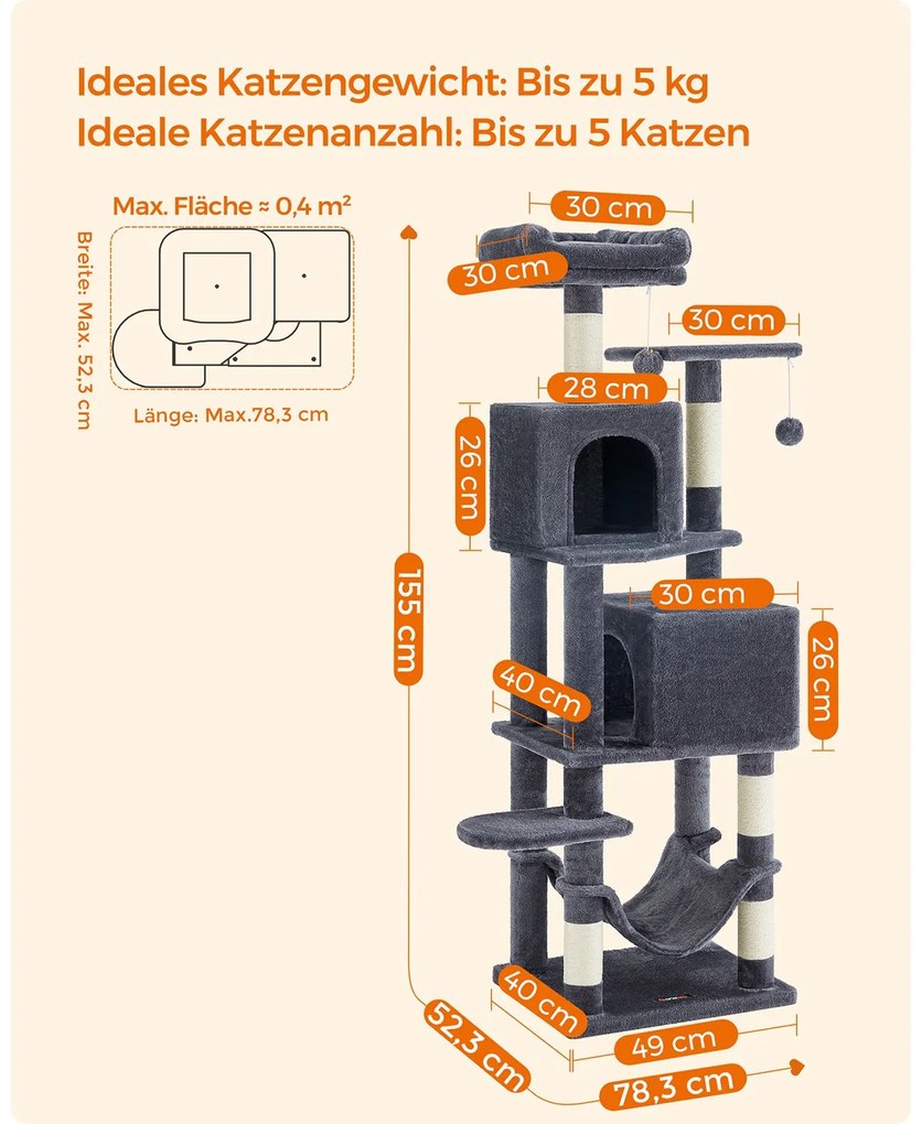 Arranhador para gatos com 2 plataformas e 2 cavernas 49 x 40 x 155 cm cinzento escuro