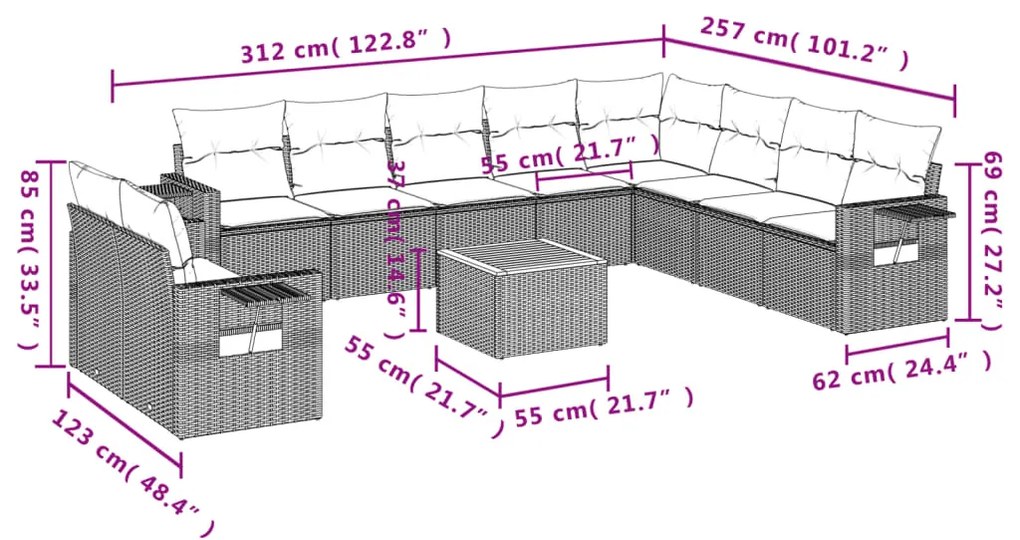 11 pcs conjunto sofás de jardim c/ almofadões vime PE bege