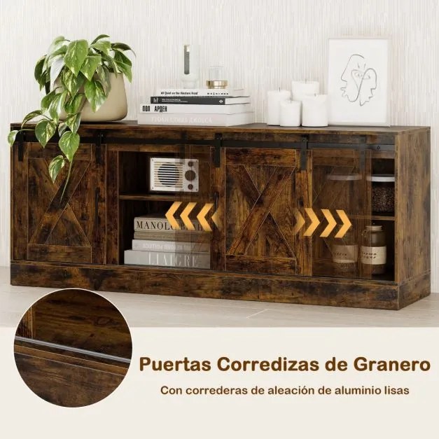 Móvel TV estilo rústico 150 x 39 x 60 cm com portas deslizantes tipo celeiro, prateleiras ajustáveis e kits antiderrapantes Café