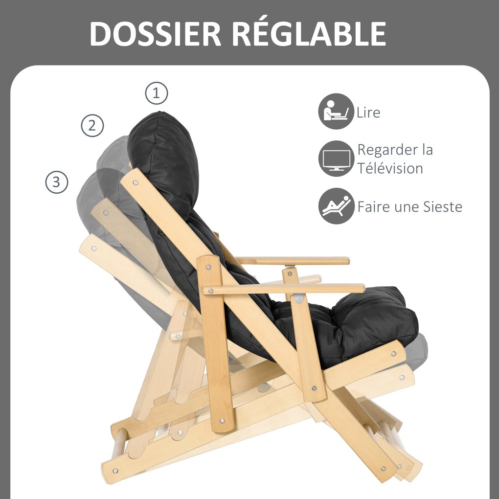 Poltrona de sala dobrável e reclinável em madeira. Poltrona relaxante e confortável com almofada acolchoada e espessa preto