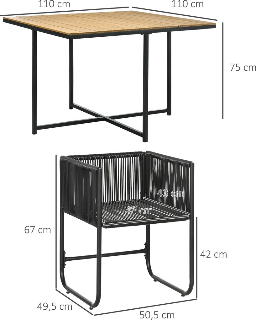 Conjunto de Jardim de Vime Sintético 5 Peças com Mesa Quadrada e 4 Cadeiras Almofadas Preto e Madeira