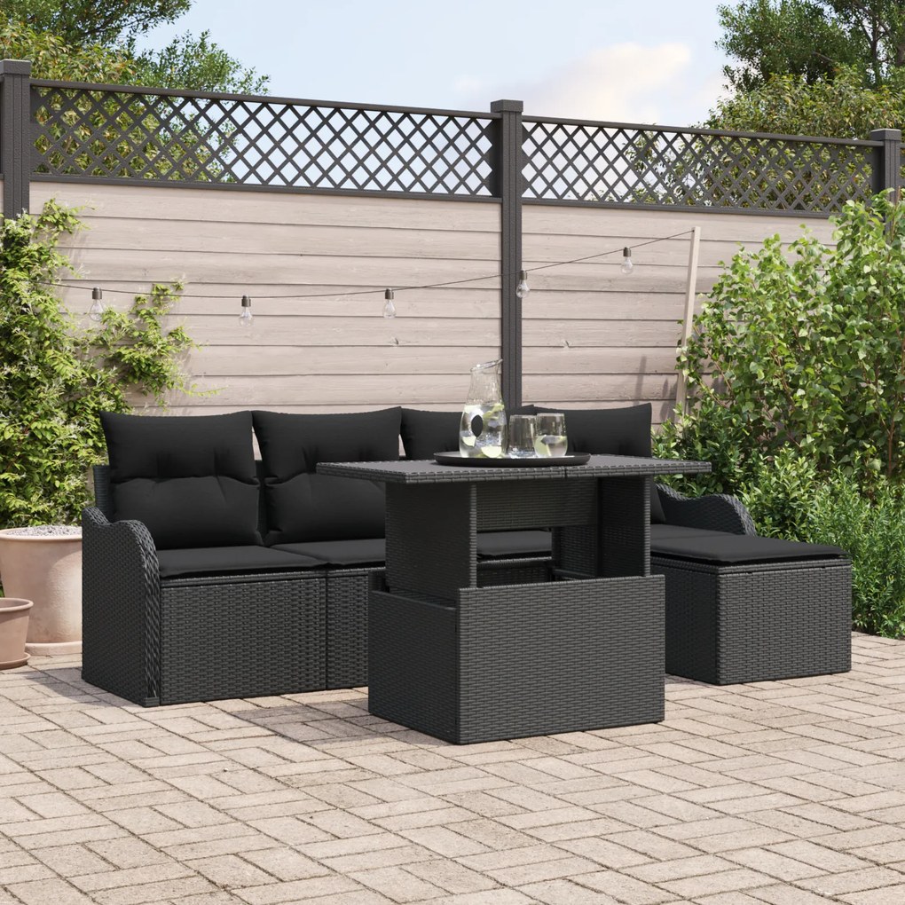 Conjunto de Sofá para Jardim vidaXL de 6 Peças com Almofadas Pretas de