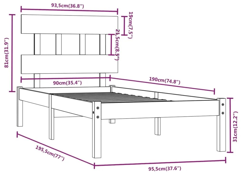 Estrutura cama de solteiro 90x190 cm madeira maciça branco