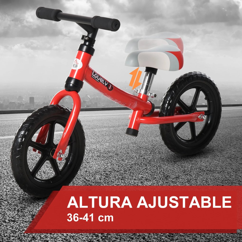 HOMCOM Bicicleta sem pedal para criança acima de 2 anos com selim ajustável em altura Pneus EVA máx. 25 kg Metal 65x33x46 cm Vermelho