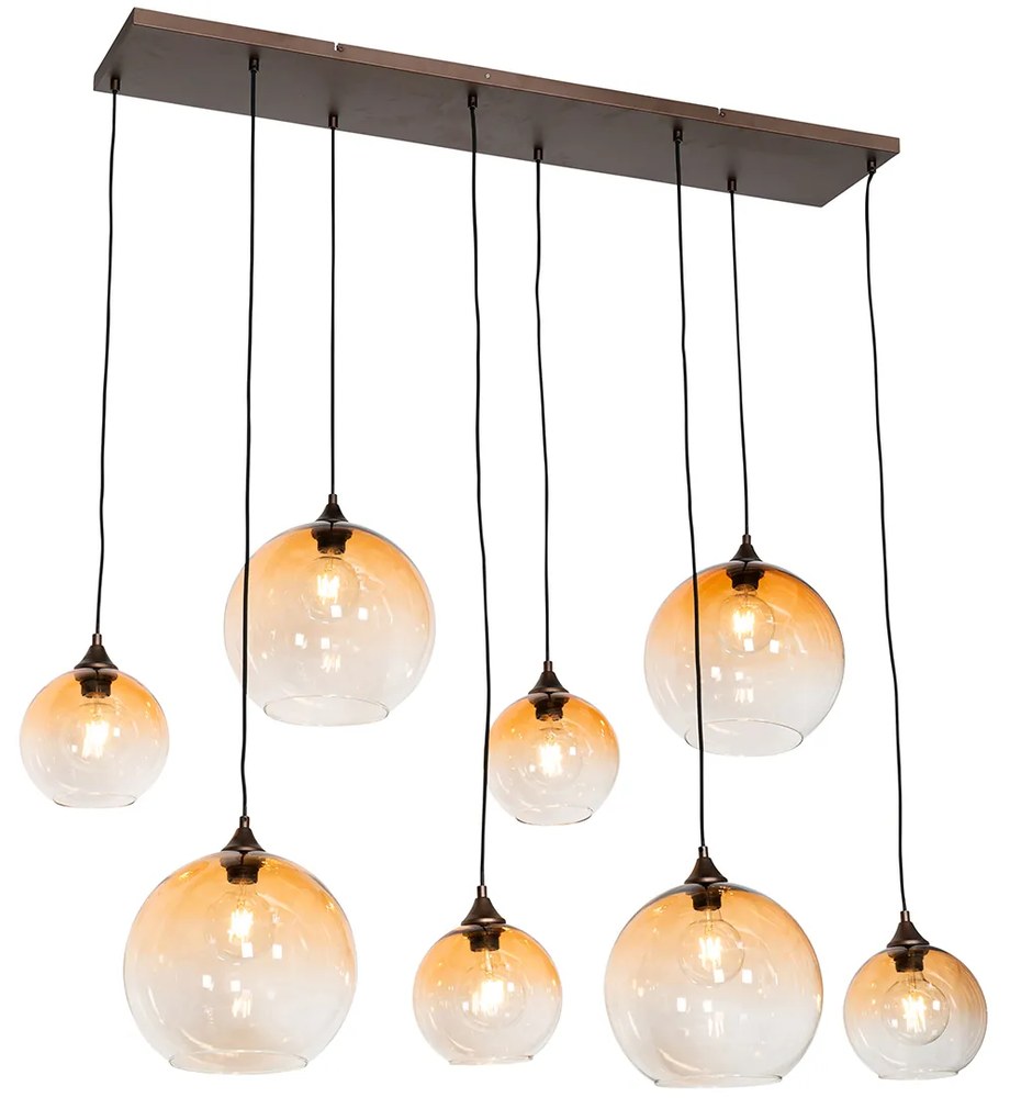 Candeeiro de suspensão Art Déco bronze escuro com vidro âmbar 8 luzes - Sandra Art Deco