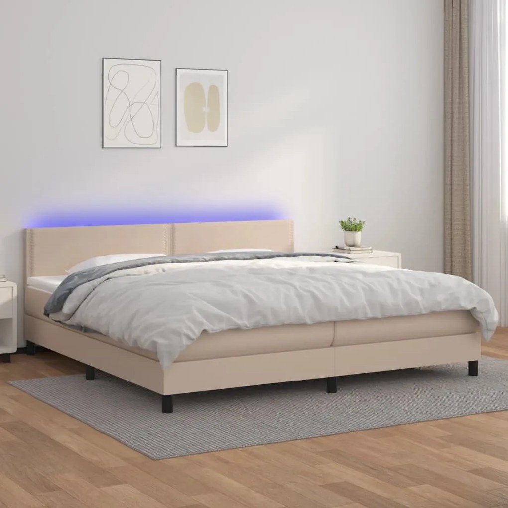 vidaXL Cama box spring c/colchão/LED 200x200cm couro artif. cappuccino