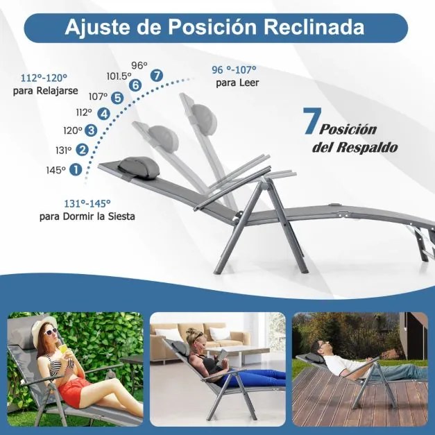 Espreguiçadeira de jardim reclinável Encosto portátil ajustável em 7 posições Carga 150 kg para piscina, Varanda, jardim Cinzenta