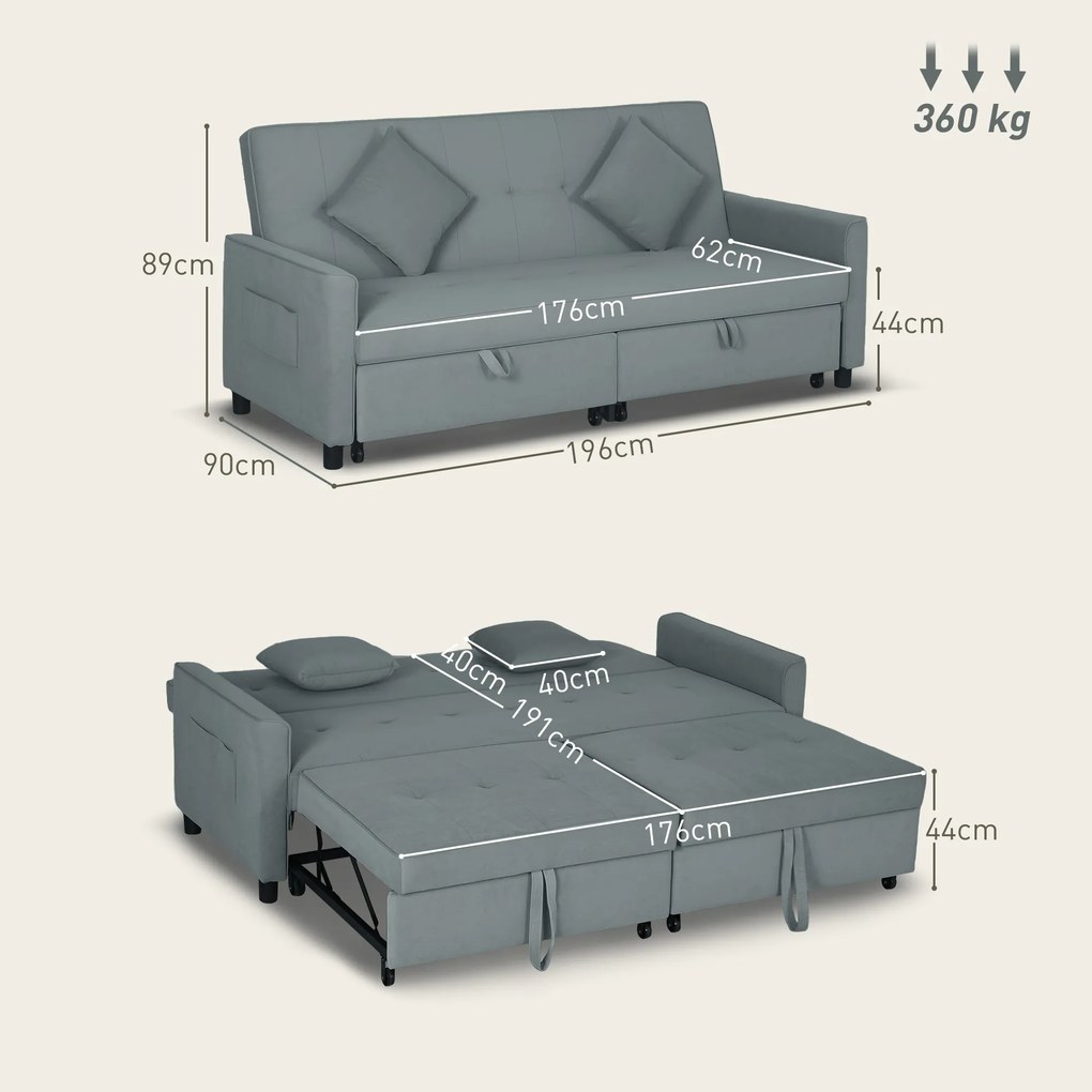 Sofá-cama de 3 lugares, reversível, com encosto ajustável e almofadas, 196 x 90 x 89 cm, cinzento