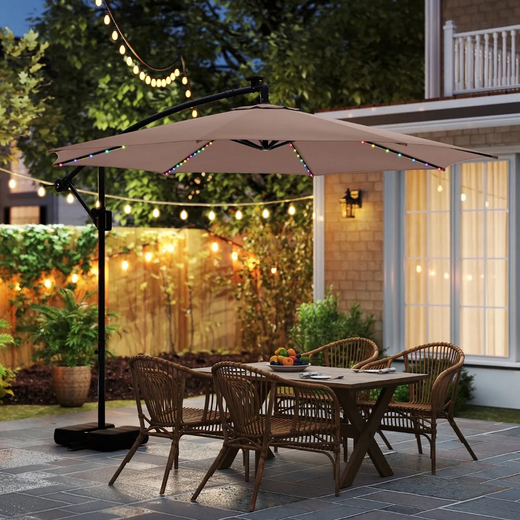 Guarda-sol 300 x 260 cm com base, iluminação LED, 9 modos, ajuste fácil da inclinação, rotação de 360° Café