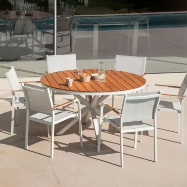 Conjunto De Mesa Redonda Ø140 Cm Em Madeira De Eucalipto E 6 Cadeiras De Jardim Empilháveis Em Alumínio Archer Gardénia Branco - Sklum