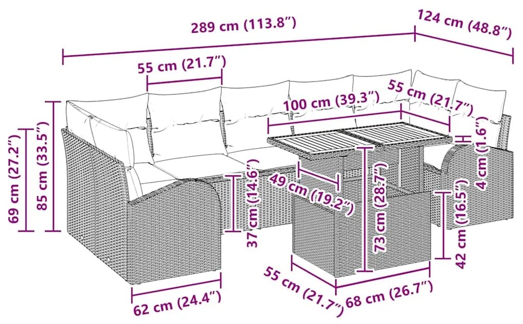 Conjunto de Jantar de Jardim de 8 Peças com Almofadas Bege em Rattan S