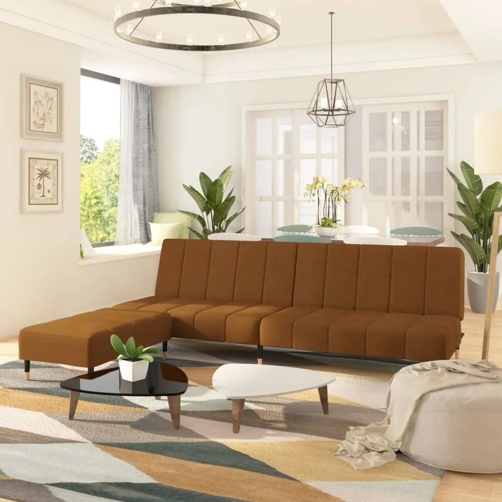 3081794 vidaXL Sofá-cama de 2 lugares com banco veludo castanho