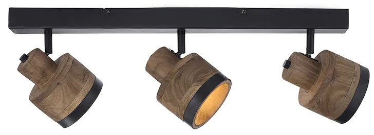 Spot de teto vintage preto com madeira 3 luzes - Romy Industrial