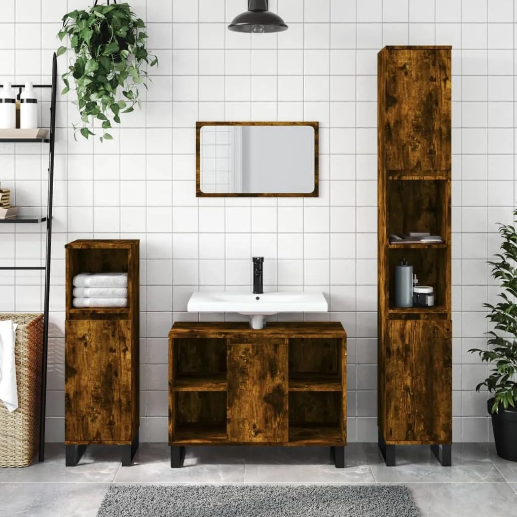 vidaXL 3 pcs conjunto de móveis WC madeira processada carvalho fumado