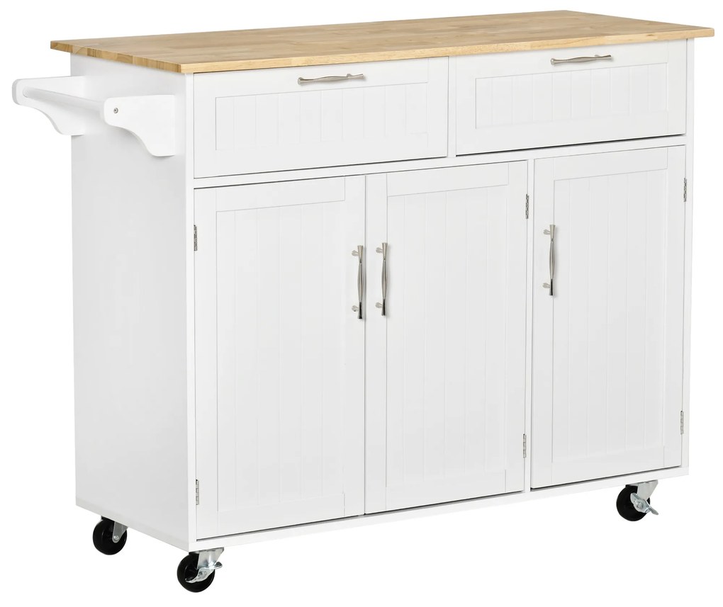 HOMCOM Carrinho de Cozinha com Rodas 2 Gavetas 3 Portas Prateleiras Ajustáveis e Barra para Sala de Jantar 121x46x91 cm Branco | Aosom Portugal