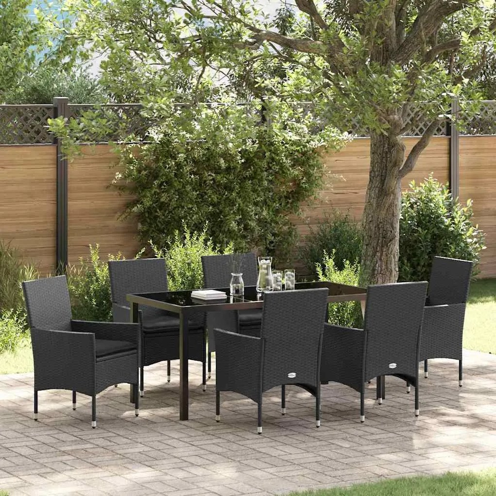 vidaXL Conjunto de Jantar de Jardim com 7 Peças e Almofadas em Preto Polirattan