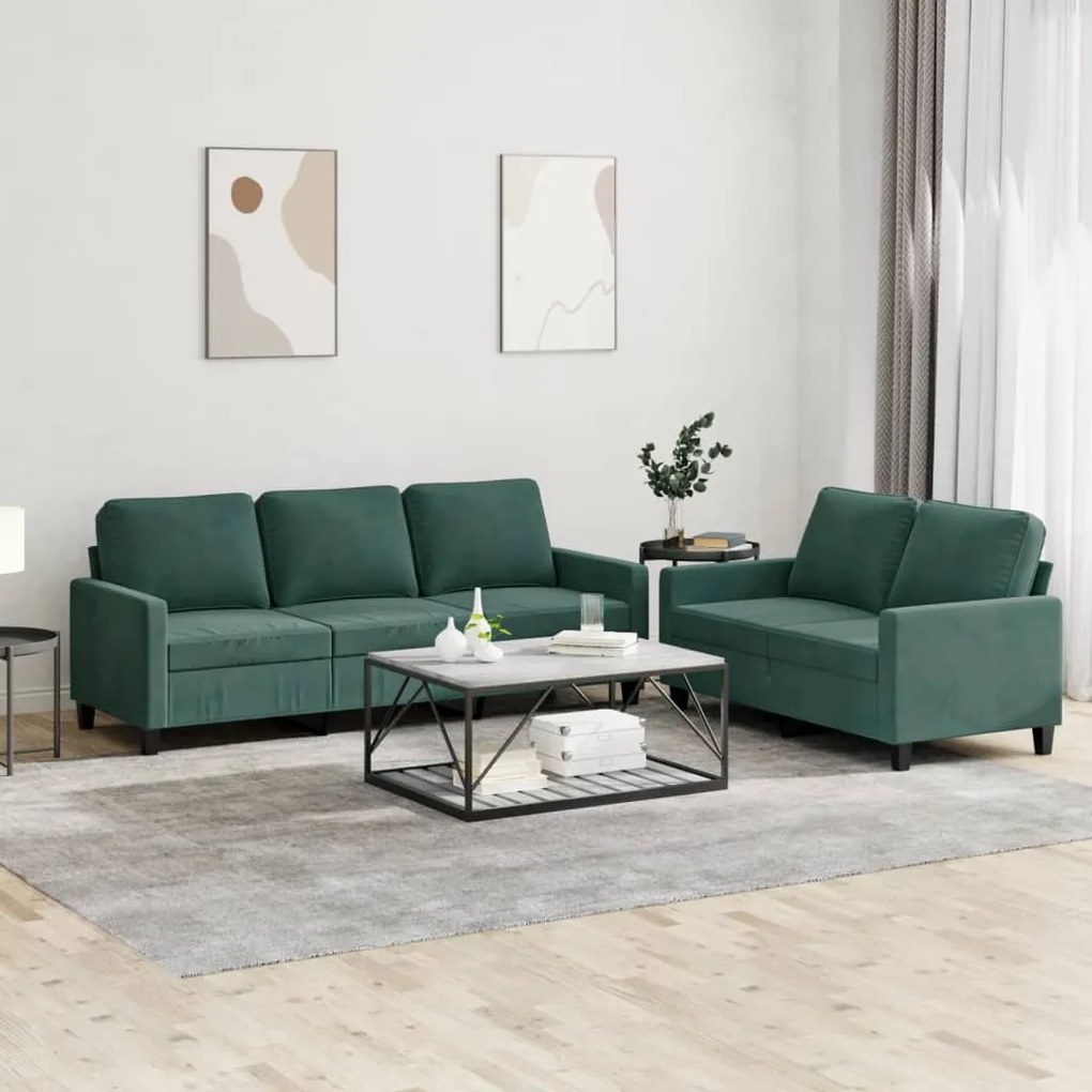 3201518 vidaXL 2 pcs conjunto de sofás com almofadões veludo verde-escuro
