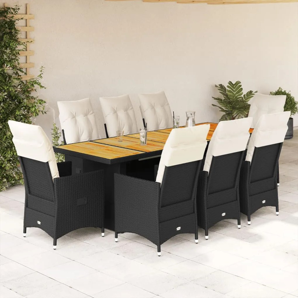 vidaXL 9 pcs conjunto de bistrô p/ jardim c/ almofadões vime PE preto